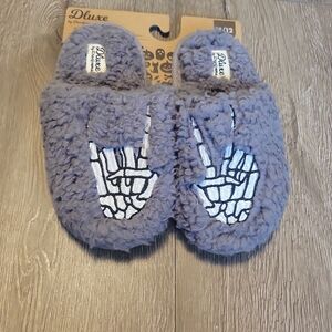 Gray Fuzzy Slippers with Peace Sign